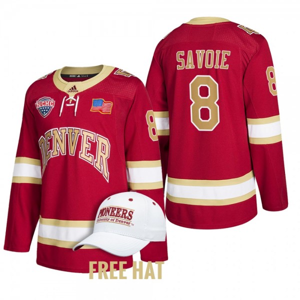 Denver Pioneers Carter Savoie #8 2022 NCAA Regional Finals Crimson Hockey Jersey
