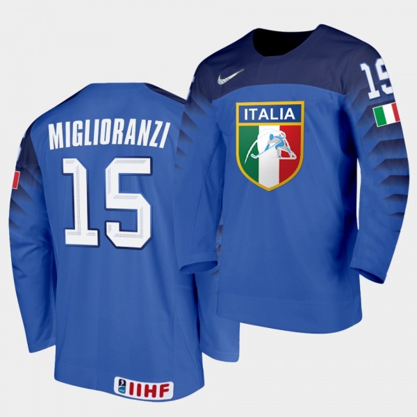 Italy Team Enrico Miglioranzi 2021 IIHF World Championship #15 Away Blue Jersey
