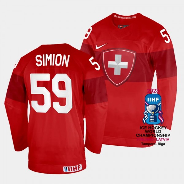 Dario Simion 2023 IIHF World Championship Switzerland #59 Red Away Jersey Men