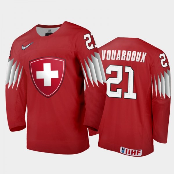 Men Switzerland 2021 IIHF World Junior Championship Nathan Vouardoux #21 Away Red Jersey