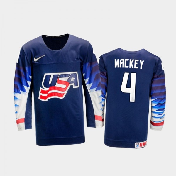 Men's USA Team 2021 IIHF World Championship Connor Mackey #4 Away Navy Jersey